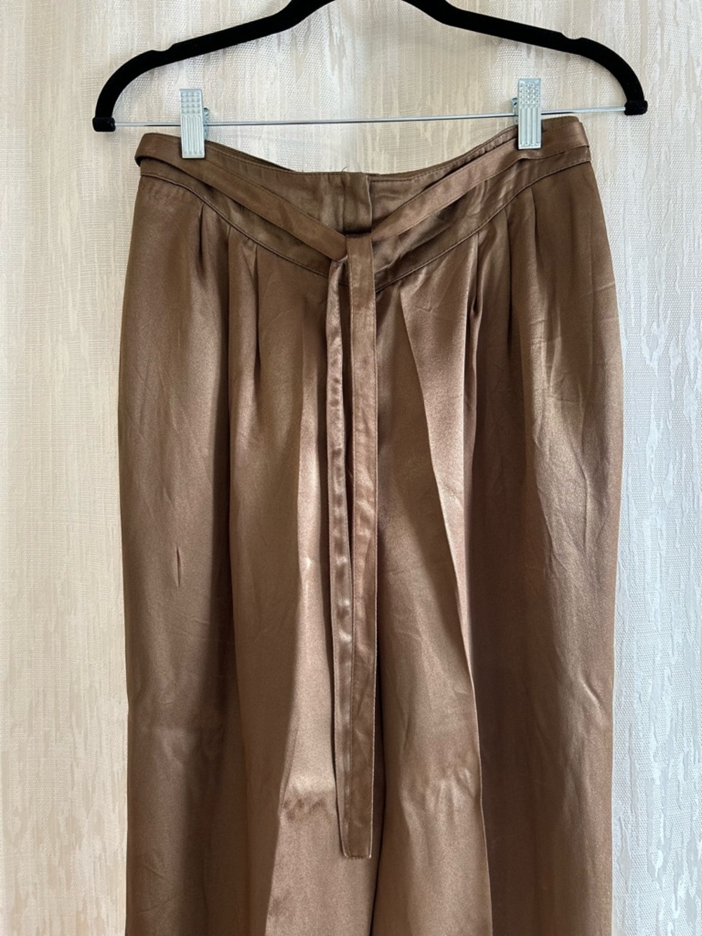Vintage High-Rise Satin Paperbag Trousers in golden brown